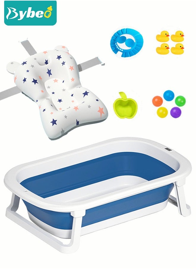 13 PCS Baby Bath Tub Foldable Bathtub With Temperature Sensing + Bathmat Cushion + Shower Cap + Washing Hair Shower Shampoo Cup *1 + Duckling toys *4 + Ocean Balls *5