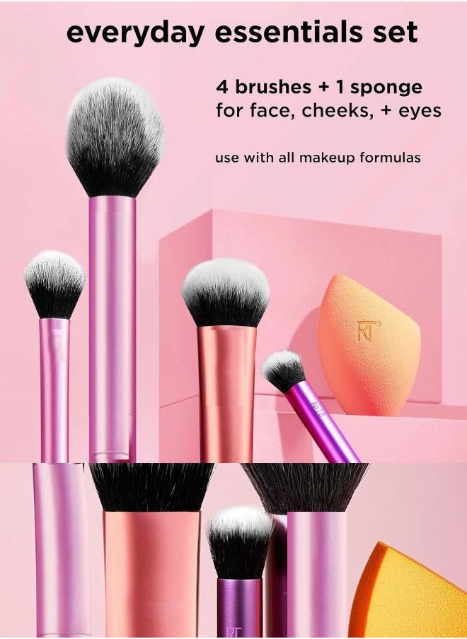 Make up Brush Set with Bonus Miracle Complexion Sponge -5 essential tools to master any look tapered -Multi Use Brush Set for Beginners