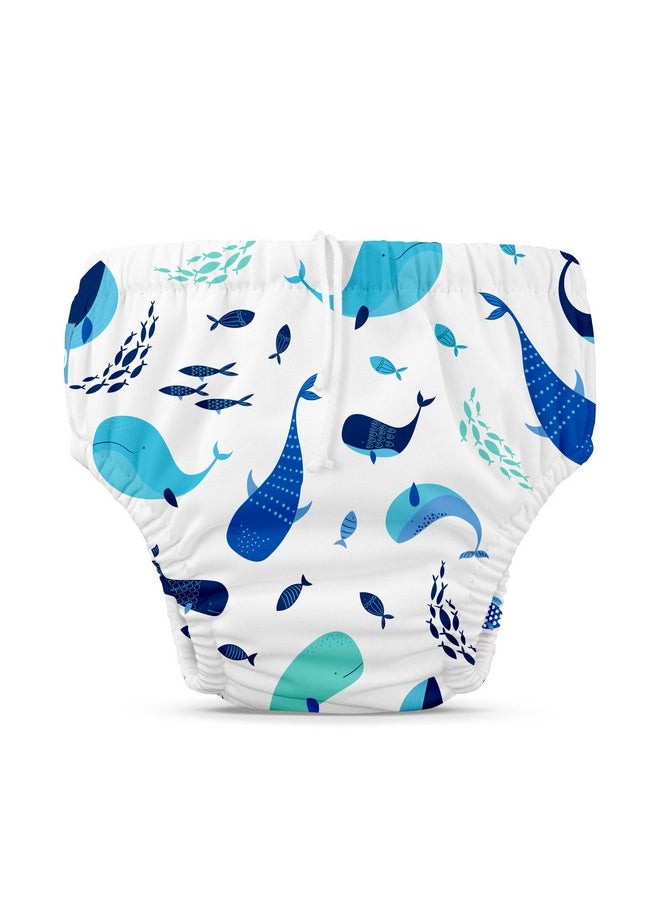 Charlie Banana Reusable Swim Diaper, Washable, Adjustable Drawstring for Baby Girls Boys, Soft and Snug Waterproof Fit to Prevent Leaks - The Whale on White, Size L (22-34 lbs)