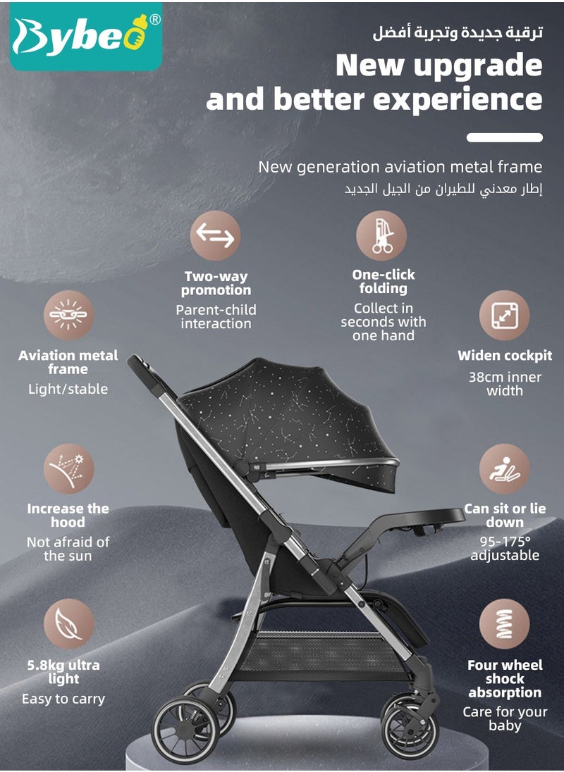 Lightweight Baby Stroller, Shock Absorption Travel Cabin, One-Hand Folding Babies Strollers for Newborn, Infant, Kids with Dinner Plate, Mat and Mosquito Net, High Landscape, 175-Degree Adjustable