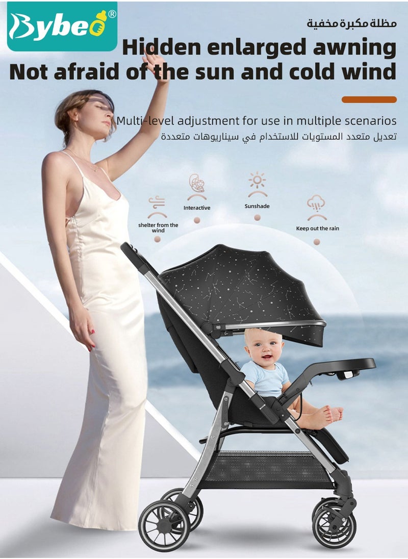 Lightweight Baby Stroller, Shock Absorption Travel Cabin, One-Hand Folding Babies Strollers for Newborn, Infant, Kids with Dinner Plate, Mat and Mosquito Net, High Landscape, 175-Degree Adjustable