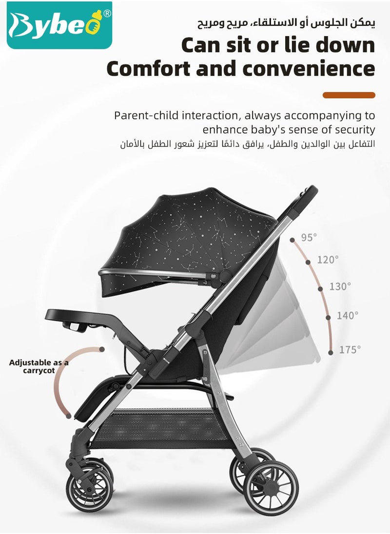 Lightweight Baby Stroller, Shock Absorption Travel Cabin, One-Hand Folding Babies Strollers for Newborn, Infant, Kids with Dinner Plate, Mat and Mosquito Net, High Landscape, 175-Degree Adjustable