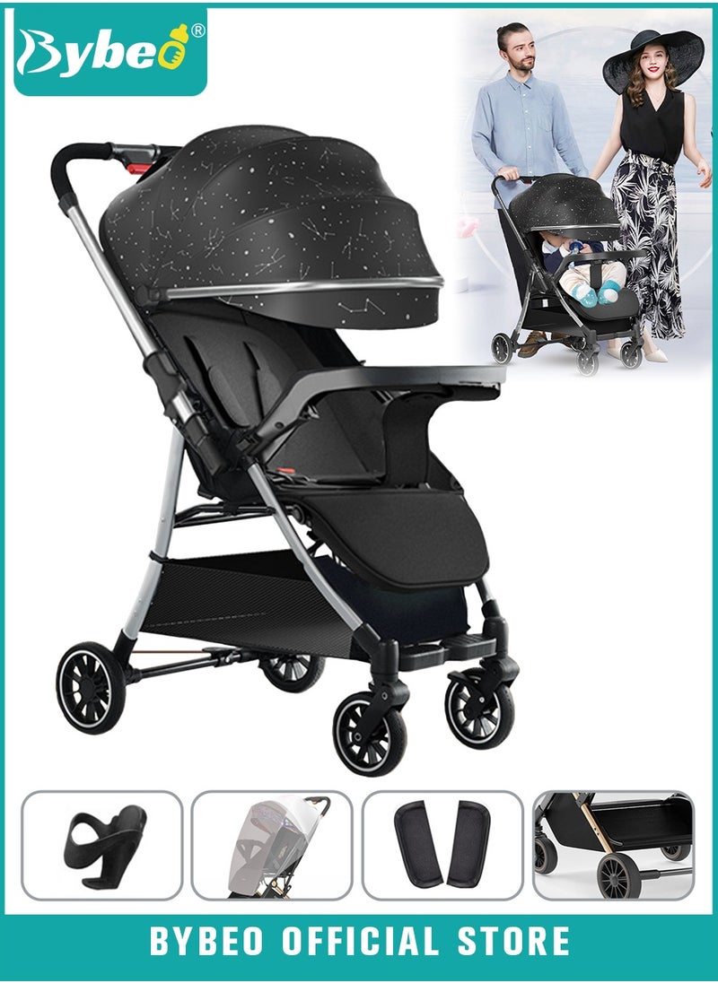 Lightweight Baby Stroller, Shock Absorption Travel Cabin, One-Hand Folding Babies Strollers for Newborn, Infant, Kids with Dinner Plate, Mat and Mosquito Net, High Landscape, 175-Degree Adjustable