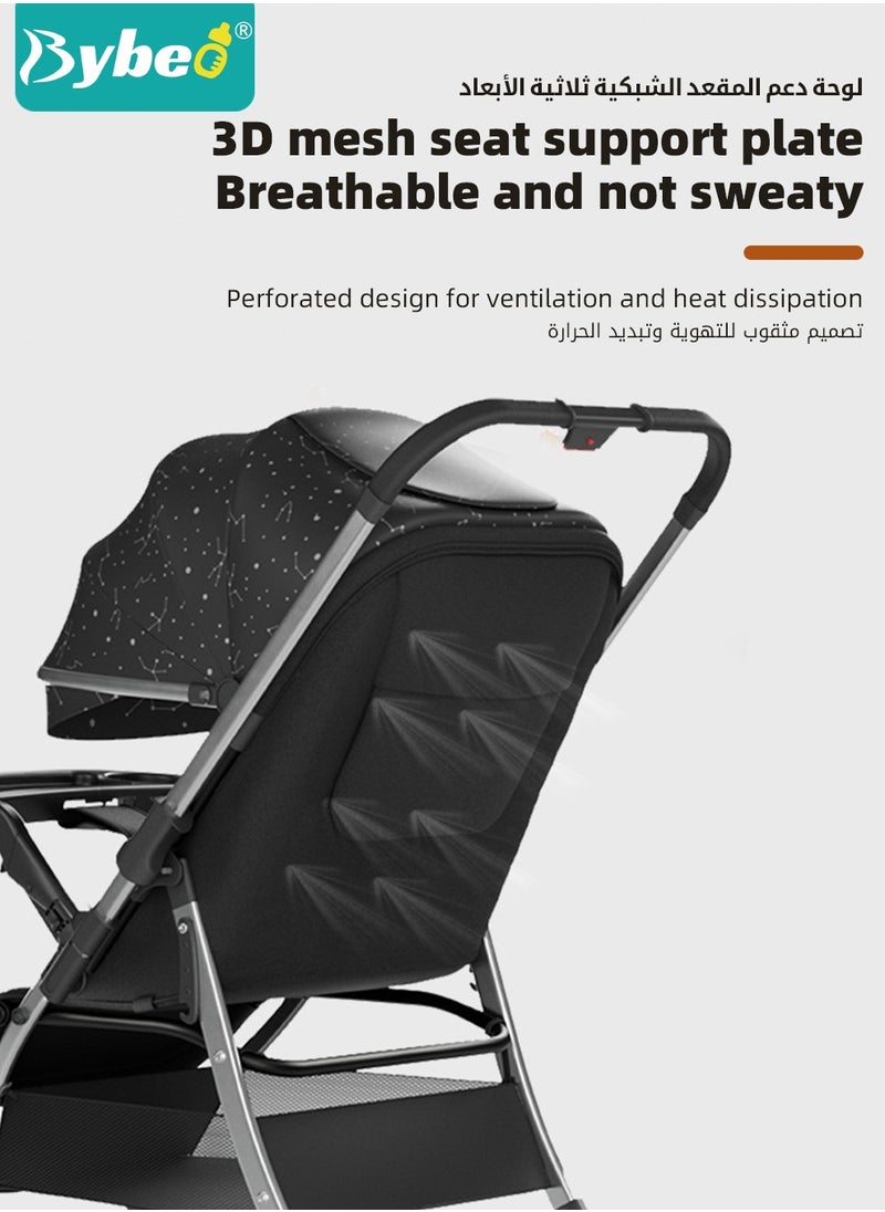 Lightweight Baby Stroller, Shock Absorption Travel Cabin, One-Hand Folding Babies Strollers for Newborn, Infant, Kids with Dinner Plate, Mat and Mosquito Net, High Landscape, 175-Degree Adjustable