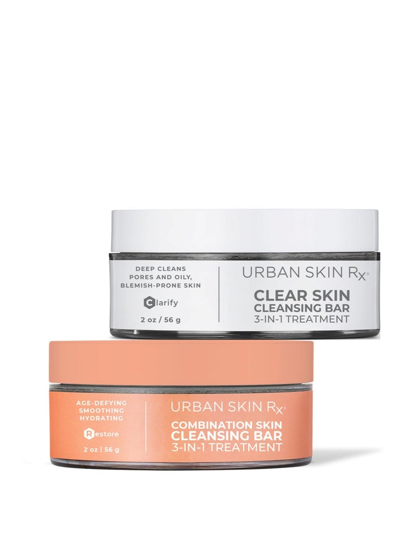 Urban Skin Rx 2-Pack Clear Skin & Combination Skin Cleansing Bar Duo | Helps Diminish Look of Spots & Blemishes, Removes Excess Oil, 3-in-1 Daily Cleanser, Exfoliant & Mask Includes (2) 2.0 Oz Bars