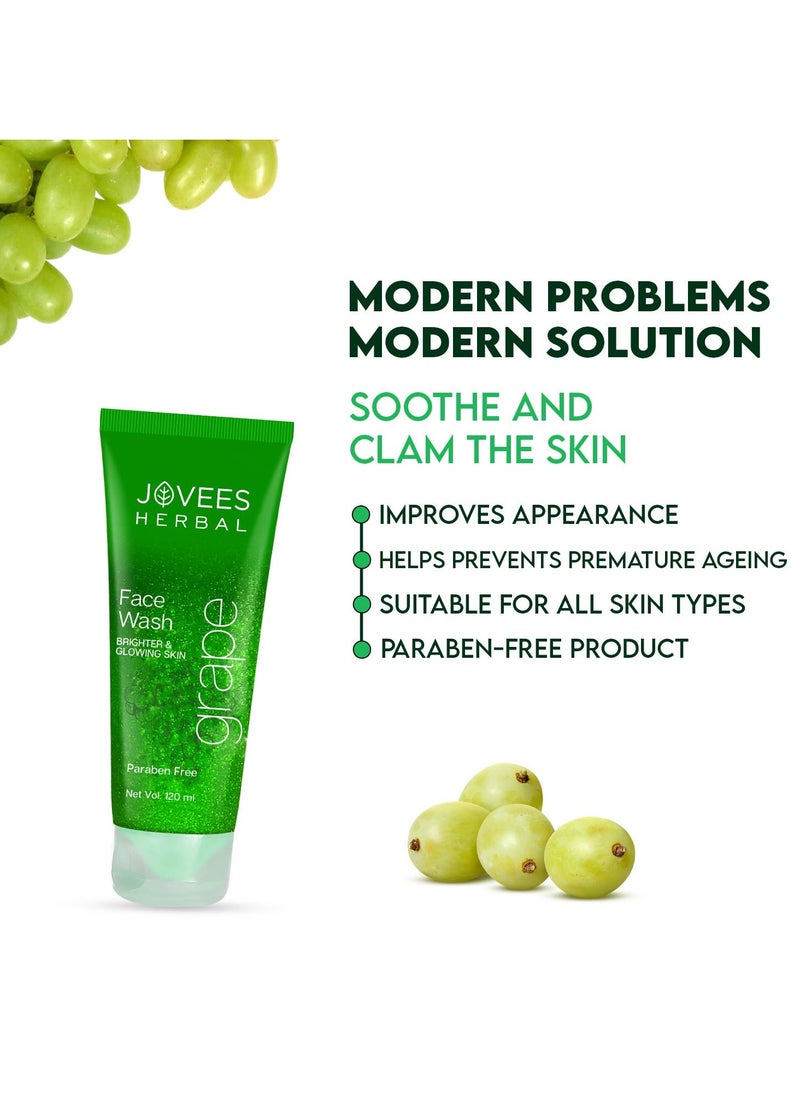 Jovees Herbal Grape Face Wash With Grape Seed & Orange Peel Extracts | For Brighter & Glowing Skin | Reduces Uneven Skin Tone & Fine Lines | For All Skin Types 120 ML (Pack of 2)