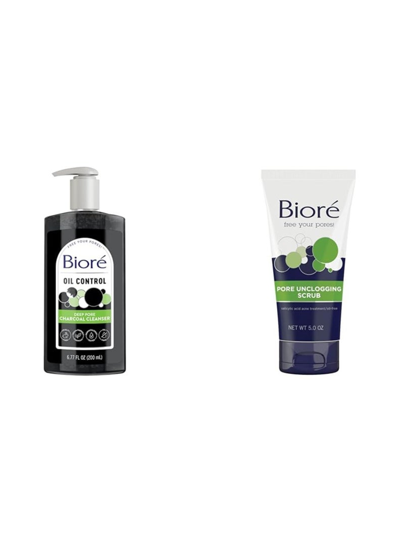 Bioré Deep Pore Charcoal Face Wash, Facial Cleanser for Dirt and Makeup Removal From Oily Skin, 6.77 Ounce & Bioré Pore Unclogging Scrub, Removes Excess Dirt and Oils, Face Scrub