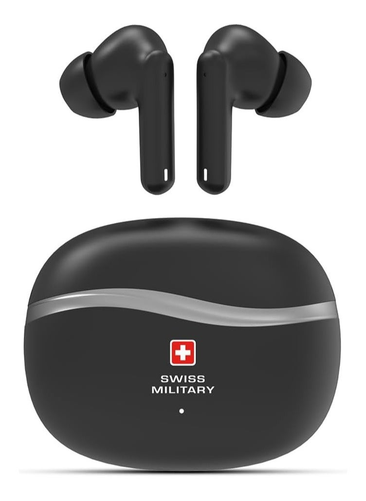 Swiss Military Victor 4 Wireless Earbuds Bluetooth with Active Noise Cancelling, ENC, 5hr Music, Wireless Charging Case,150hr Standby, Compatible with iPhones, Samsung and other Smartphones (Black)