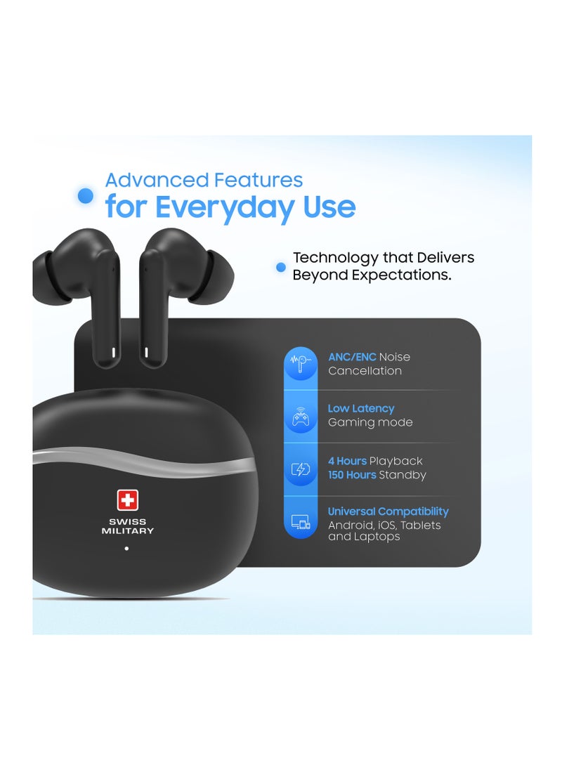 Swiss Military Victor 4 Wireless Earbuds Bluetooth with Active Noise Cancelling, ENC, 5hr Music, Wireless Charging Case,150hr Standby, Compatible with iPhones, Samsung and other Smartphones (Black)