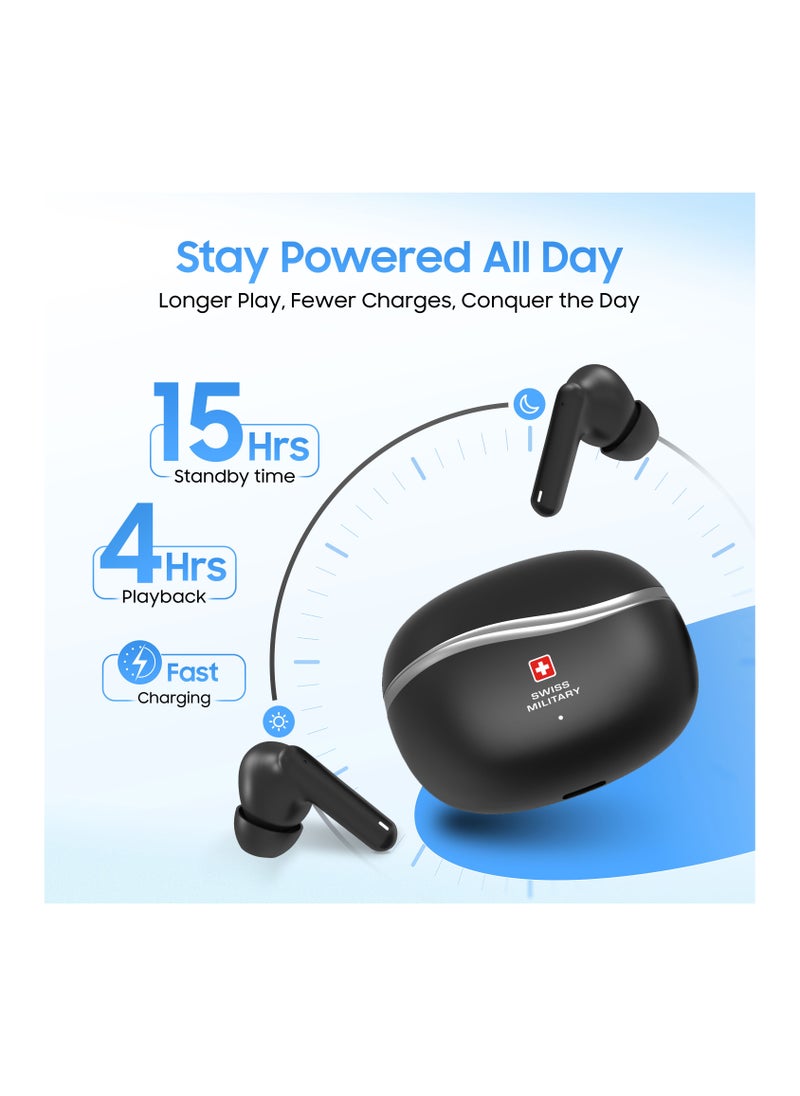 Swiss Military Victor 4 Wireless Earbuds Bluetooth with Active Noise Cancelling, ENC, 5hr Music, Wireless Charging Case,150hr Standby, Compatible with iPhones, Samsung and other Smartphones (Black)