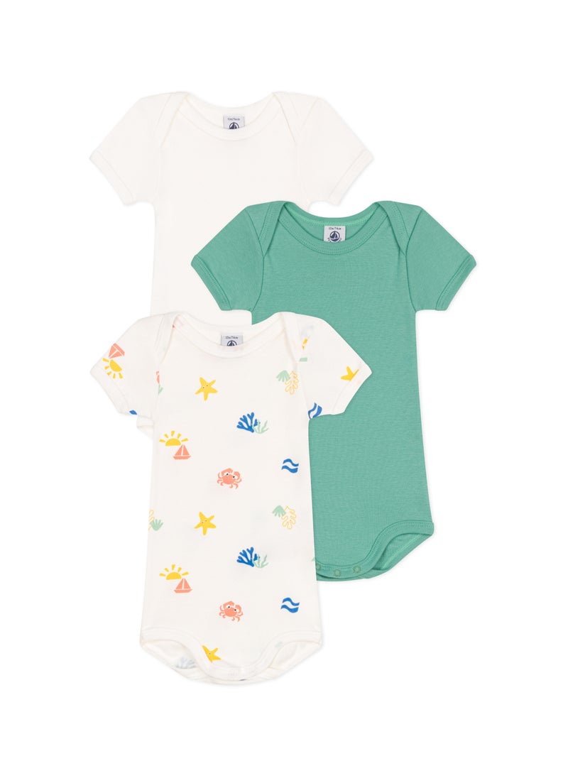 Set of 3 short-sleeved baby printed cotton bodysuits