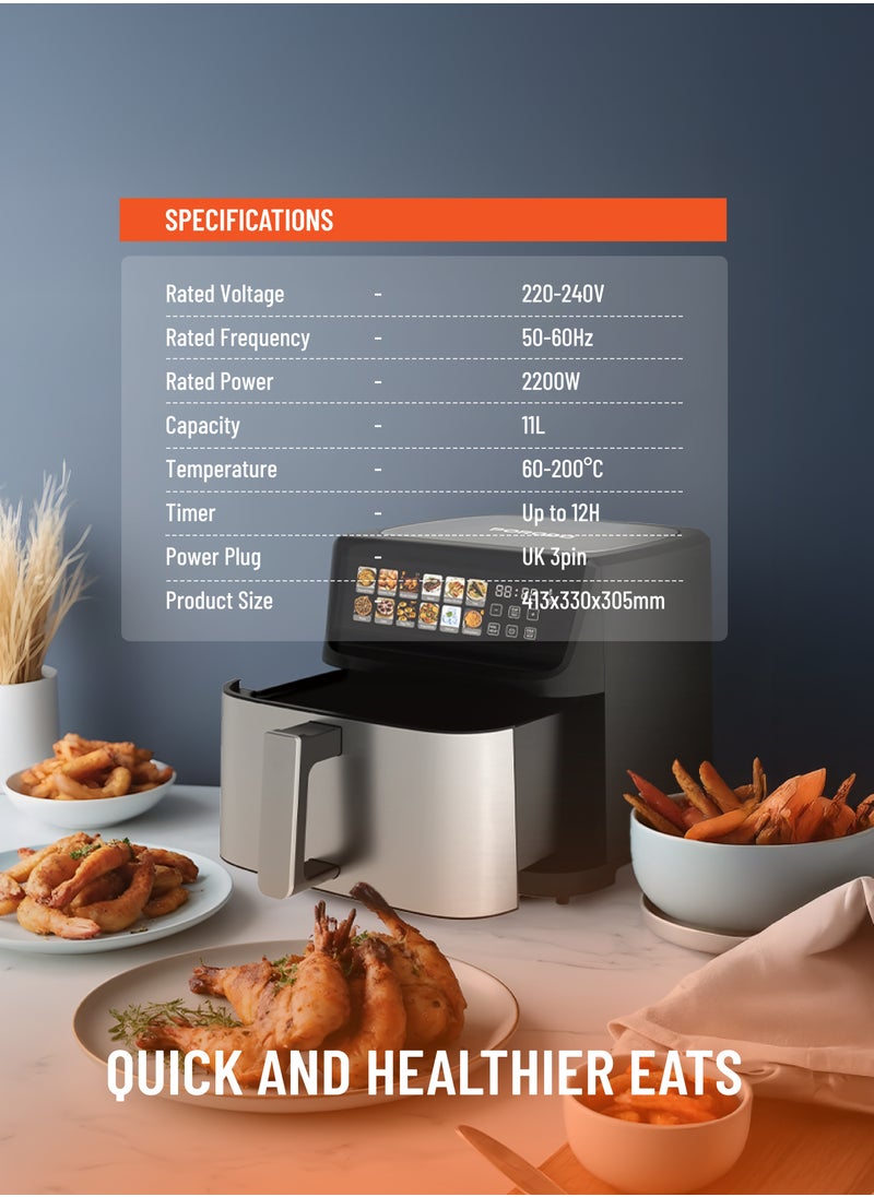 Lifestyle Large Capacity 2200W Air Fryer 11L with 12 Presets / Dual Heating Technology / Automatic Shut-Off / Non-Stick Pot & Tray / Touch Panel / Air Fry / Ideal for Fries, Steak, Chicken, Cake, Meat, Bread & etc. - Black