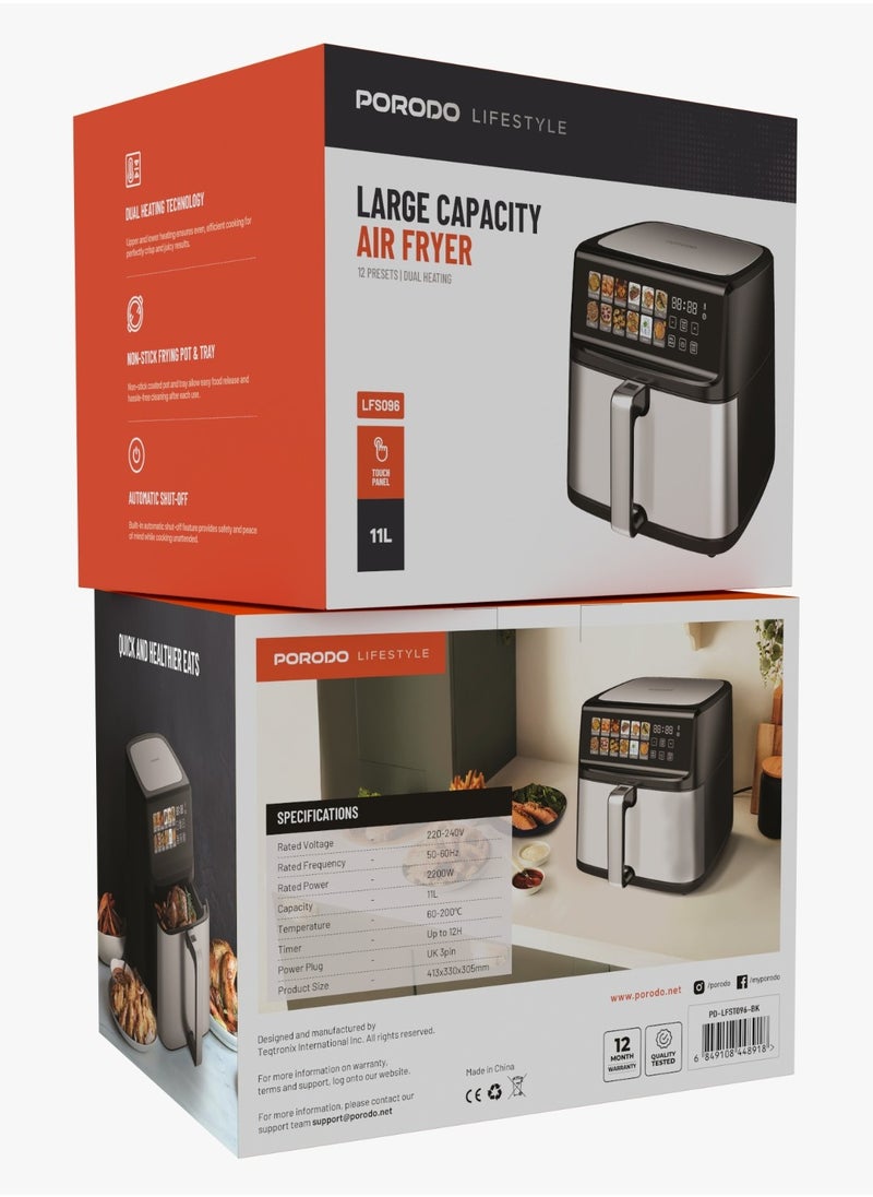 Lifestyle Large Capacity 2200W Air Fryer 11L with 12 Presets / Dual Heating Technology / Automatic Shut-Off / Non-Stick Pot & Tray / Touch Panel / Air Fry / Ideal for Fries, Steak, Chicken, Cake, Meat, Bread & etc. - Black