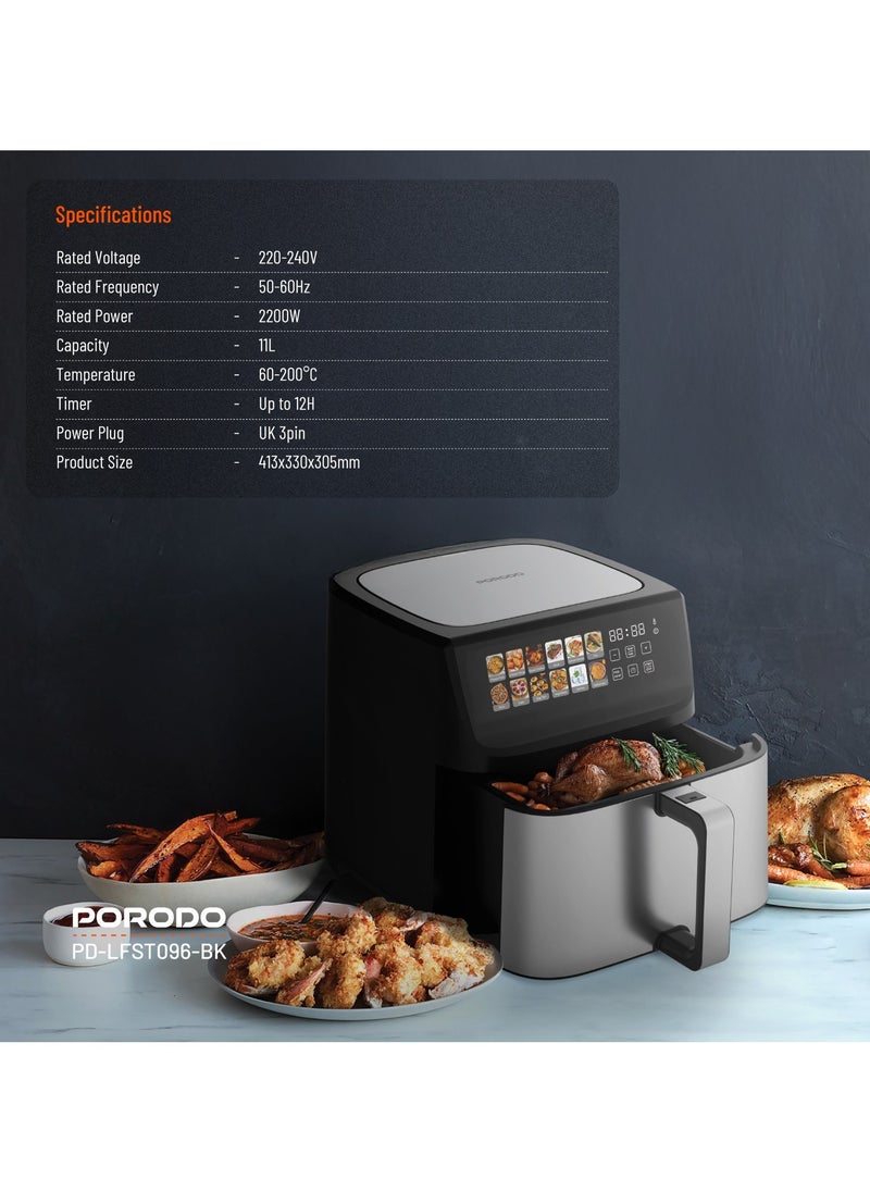Lifestyle Large Capacity 2200W Air Fryer 11L with 12 Presets / Dual Heating Technology / Automatic Shut-Off / Non-Stick Pot & Tray / Touch Panel / Air Fry / Ideal for Fries, Steak, Chicken, Cake, Meat, Bread & etc. - Black