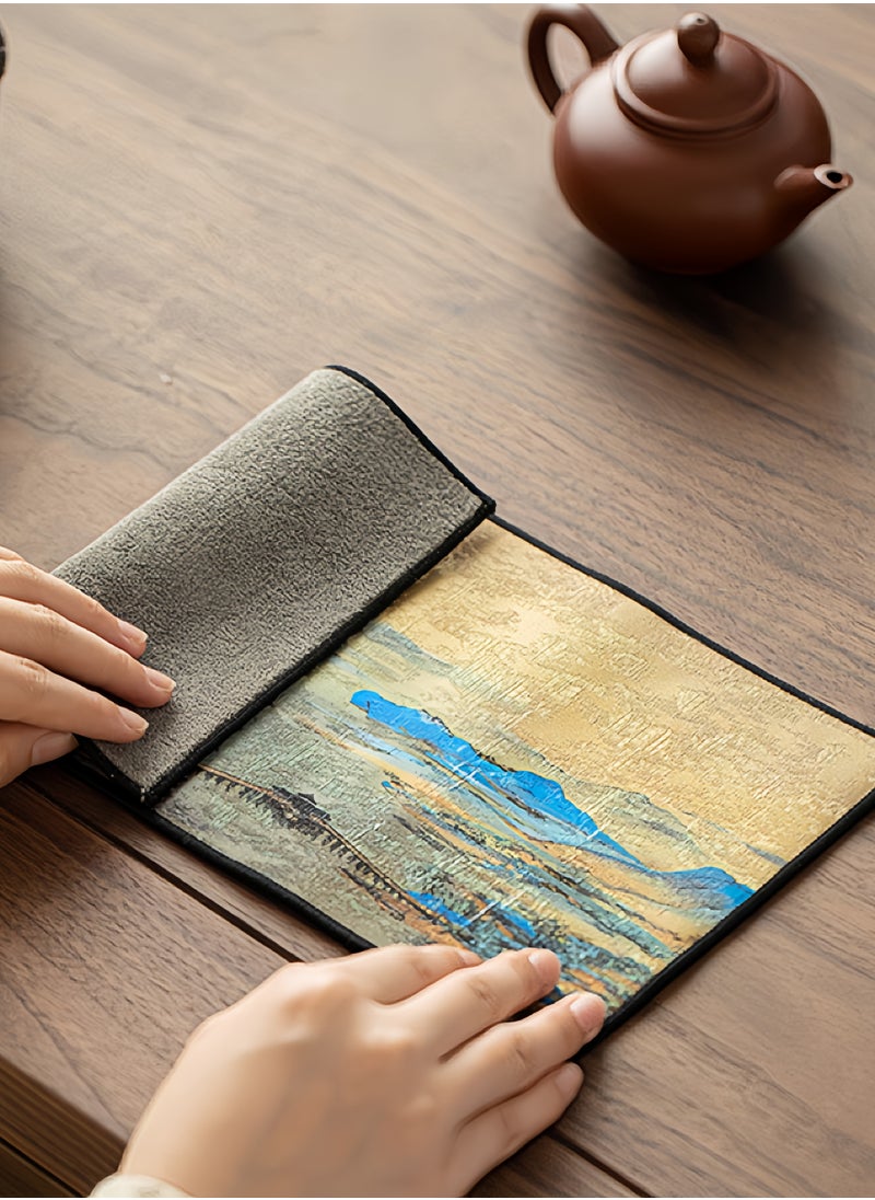 Chinese style retro absorbent tea towel tea set tea tablecloth tea coaster tea mat tea cloth strong absorbent dry foam towel home office kung fu tea set artistic landscape painting