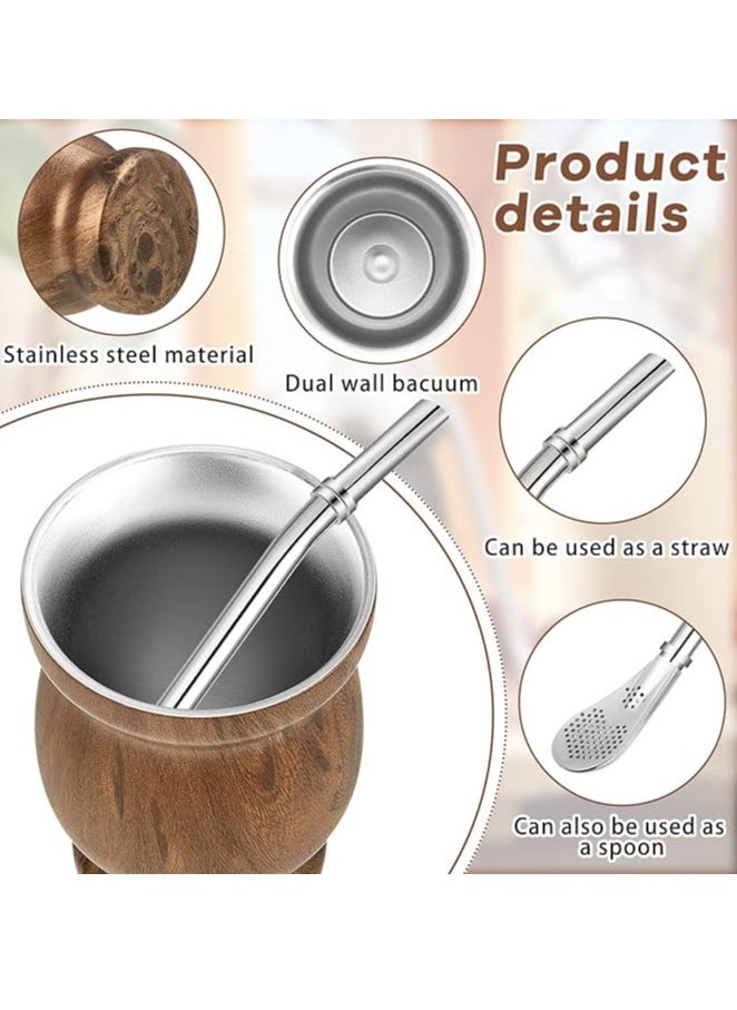 Liying Stainless Steel Double-Wall Mate Cup And Bombilla Set - Yerba Mate set Includes One Yerba Mate Cup, 2 Bombillas Mate (Straw) u0026 Brush (Brown)