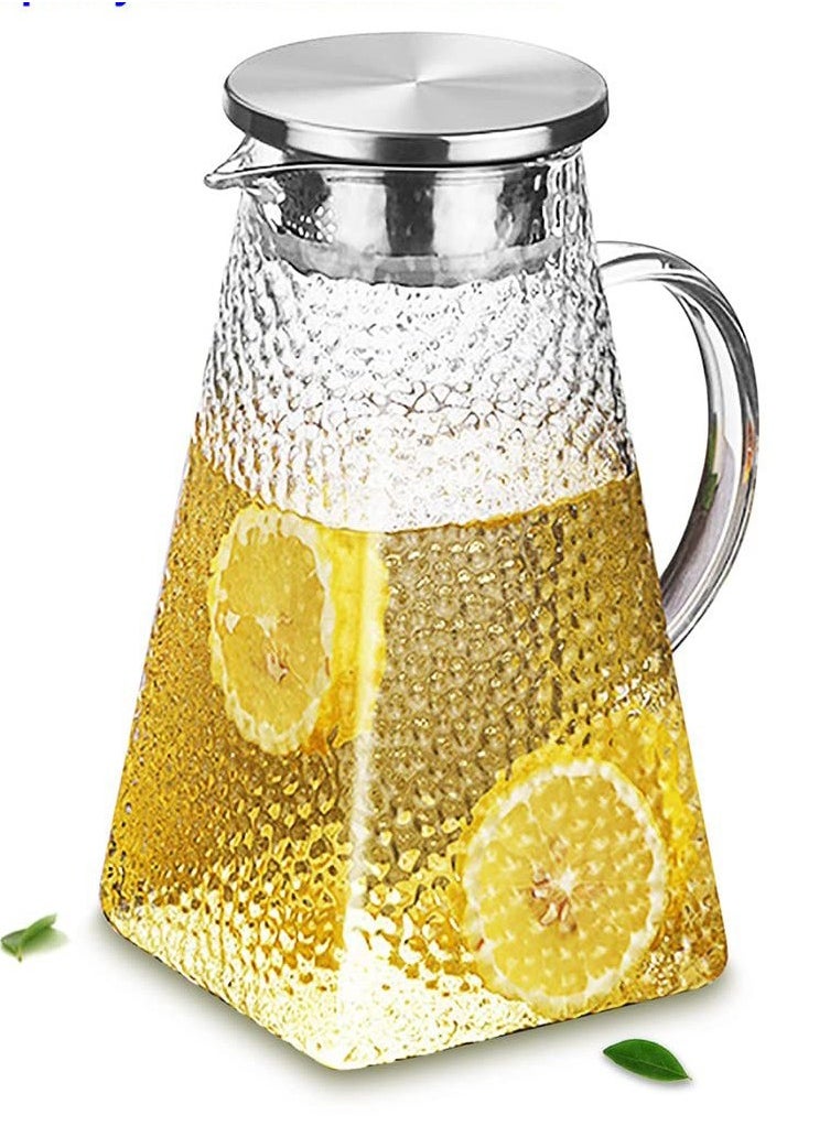 Glass Water Jar With Stainless Steel Lid, 1500ml Heat Resistant Borosilicate Glass Pitcher With Handle Jug For Hot and Cold Water,Ice Tea And Juice Beverage