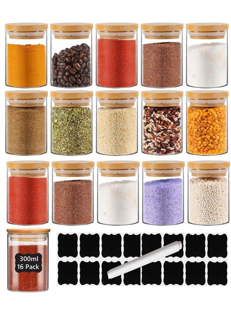 16-Pack 300 ML(10.56 oz)Glass Jars With Wooden Lids, Spice  Glass Airtight Canisters Sets, Glass Food Storage Container, Pantry Organization and Storage Jars,Suitable For Tea, Candy, Spices