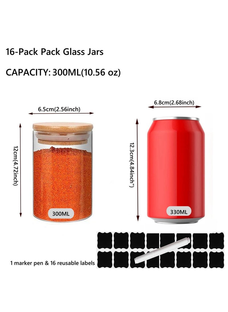 16-Pack 300 ML(10.56 oz)Glass Jars With Wooden Lids, Spice  Glass Airtight Canisters Sets, Glass Food Storage Container, Pantry Organization and Storage Jars,Suitable For Tea, Candy, Spices