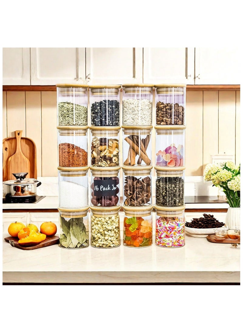16-Pack 300 ML(10.56 oz)Glass Jars With Wooden Lids, Spice  Glass Airtight Canisters Sets, Glass Food Storage Container, Pantry Organization and Storage Jars,Suitable For Tea, Candy, Spices