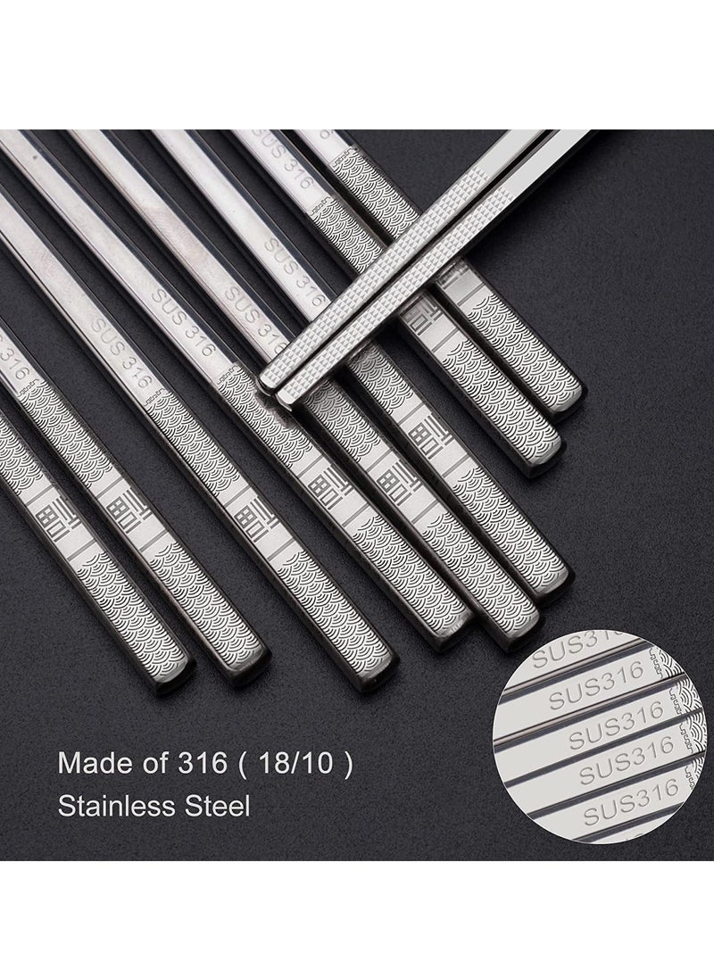 Stainless Steel Chopsticks, Silver Metal Reusable Chopsticks, Dishwasher Safe Metal Chopsticks Square Lightweight Chop Non-slip Sticks, Gift Set 5 Pairs