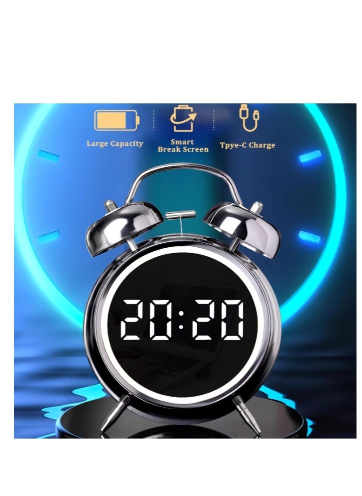 Twin Bell Alarm Clock, LED Display Digital Clock with Night Light, USB RechargeableBattery Operated Loud Bell Metal Alarm Clock for Office Bedroom Black