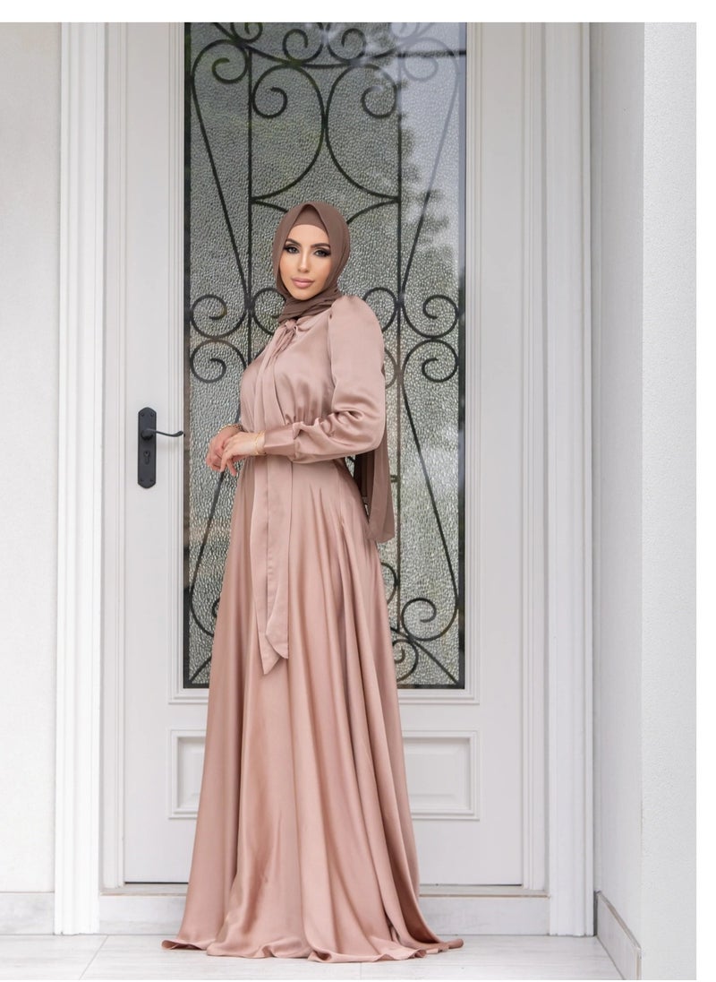 Elegant Muslim Satin Maxi Dress – Modest Fashion with Flared Hem, Available in Three Colors and Multiple Sizes