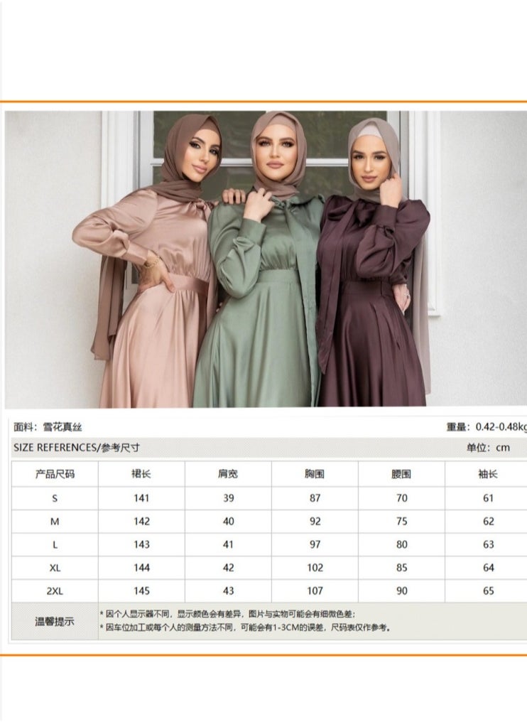 Elegant Muslim Satin Maxi Dress – Modest Fashion with Flared Hem, Available in Three Colors and Multiple Sizes