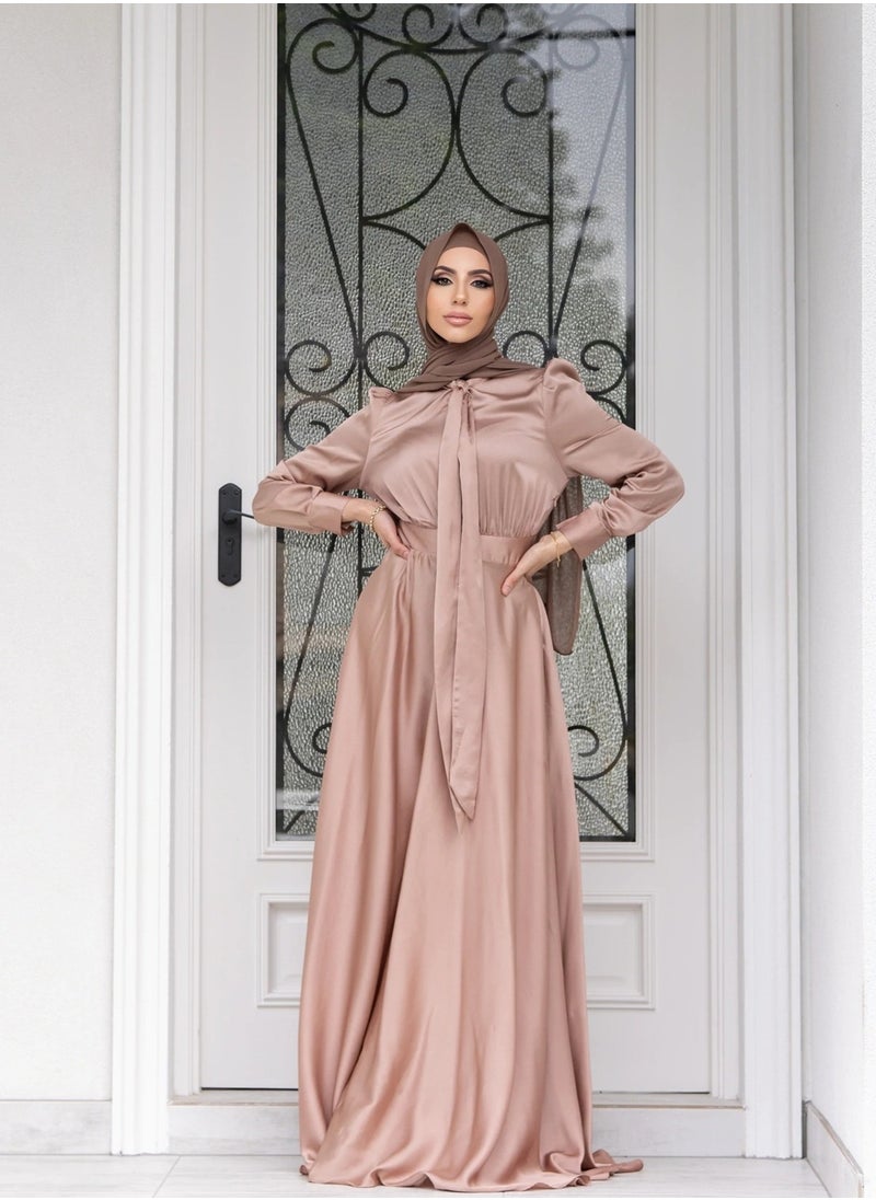 Elegant Muslim Satin Maxi Dress – Modest Fashion with Flared Hem, Available in Three Colors and Multiple Sizes