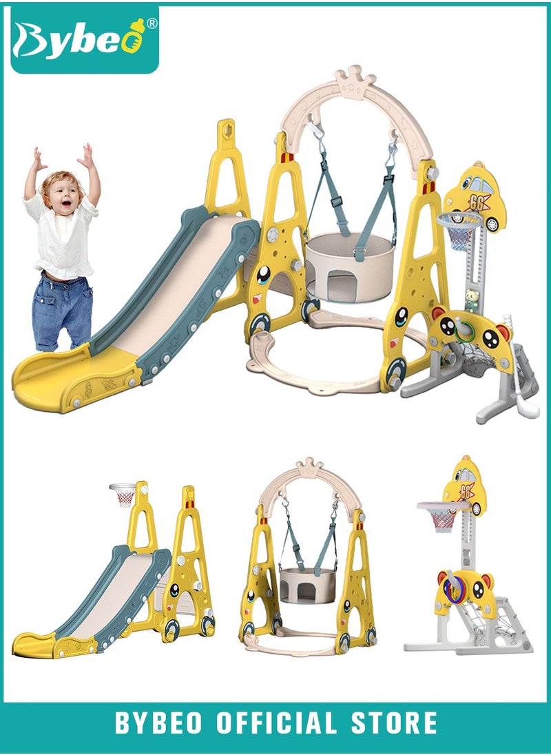 7 In 1 Kid Swing and Slide Set With Basketball Hoop, Climber Slides Playset for Toddlers, Multifunctional Gym Sets and Swings, Indoor and Outdoor Toy Playground Equipment Sets, with Soccer, Golf Games