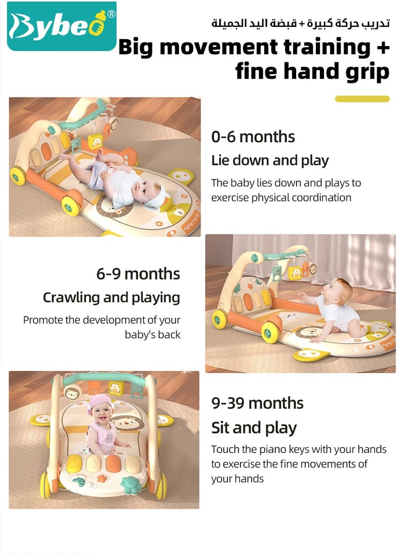 4 In 1 Baby Playmat u0026 Push Learning Walker, Infant Play Piano Gym Activity Center With Walkers, Learning Walking Stroller, Tummy Time Play Mat, Baby Walker Fitness Rack With Musical Keyboard And