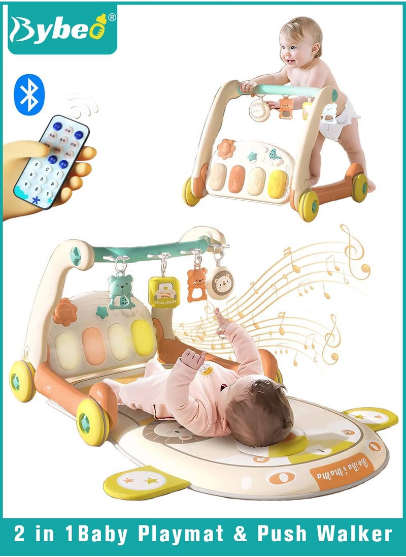 4 In 1 Baby Playmat u0026 Push Learning Walker, Infant Play Piano Gym Activity Center With Walkers, Learning Walking Stroller, Tummy Time Play Mat, Baby Walker Fitness Rack With Musical Keyboard And