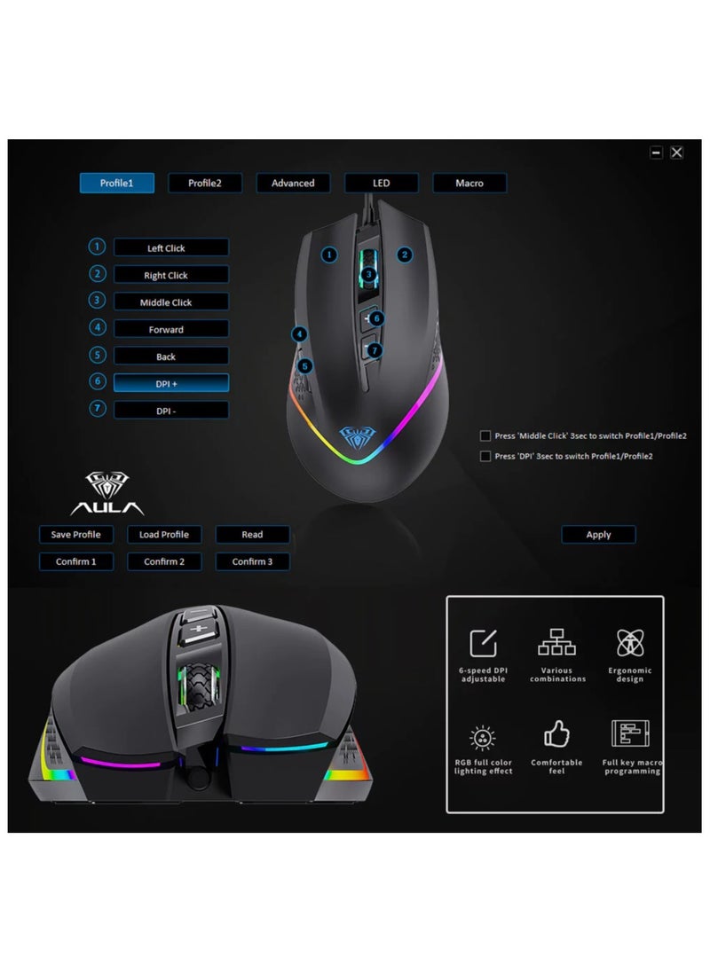 AULA F805 Wired Gaming Mouse with Side Buttons RGB Backlit, 6400 DPI Adjustable Ergonomic Optical USB Computer Mice, Black