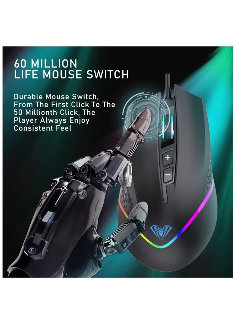 AULA F805 Wired Gaming Mouse with Side Buttons RGB Backlit, 6400 DPI Adjustable Ergonomic Optical USB Computer Mice, Black