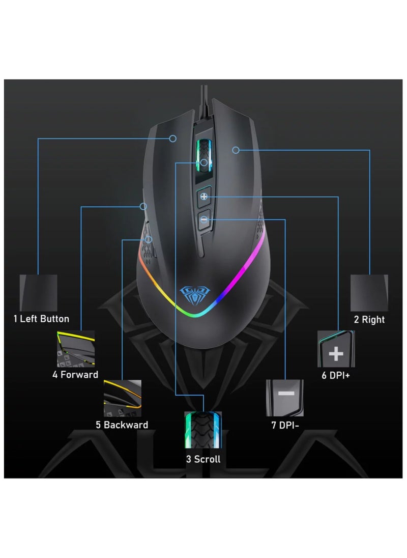 AULA F805 Wired Gaming Mouse with Side Buttons RGB Backlit, 6400 DPI Adjustable Ergonomic Optical USB Computer Mice, Black