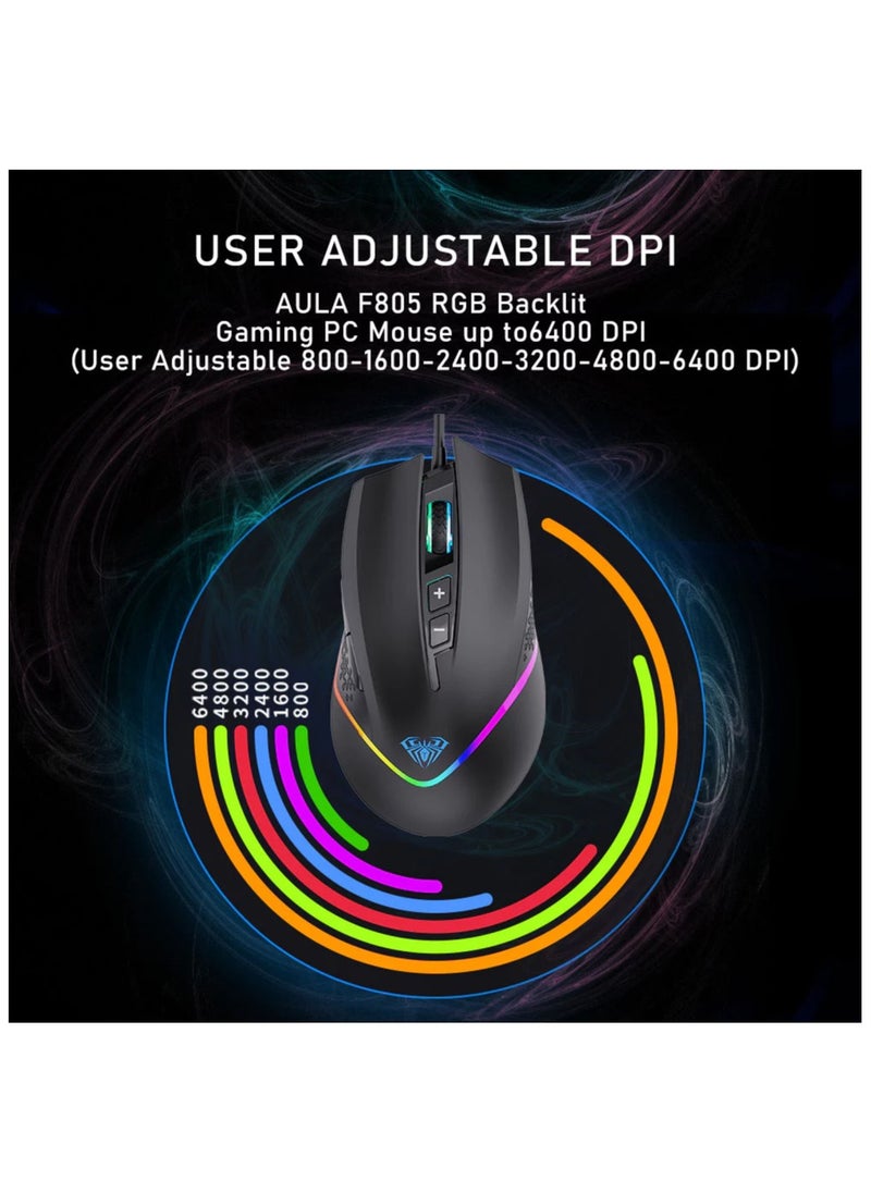 AULA F805 Wired Gaming Mouse with Side Buttons RGB Backlit, 6400 DPI Adjustable Ergonomic Optical USB Computer Mice, Black