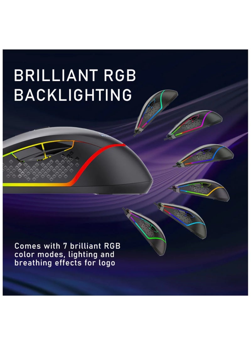 AULA F805 Wired Gaming Mouse with Side Buttons RGB Backlit, 6400 DPI Adjustable Ergonomic Optical USB Computer Mice, Black