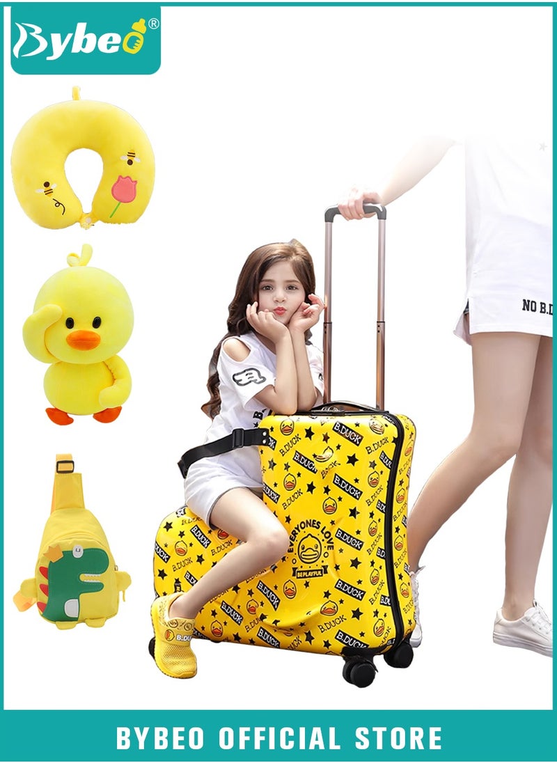 4PCS Kids Luggage Set, 22 Inch Children Travel Suitcase, Cartoon Rolling Luggages, Child Trolley Bag with Satchel Bag, U-Shaped Pillow, Plush Toy, Wheels and Telescopic Handle for Toddlers Boys Girls