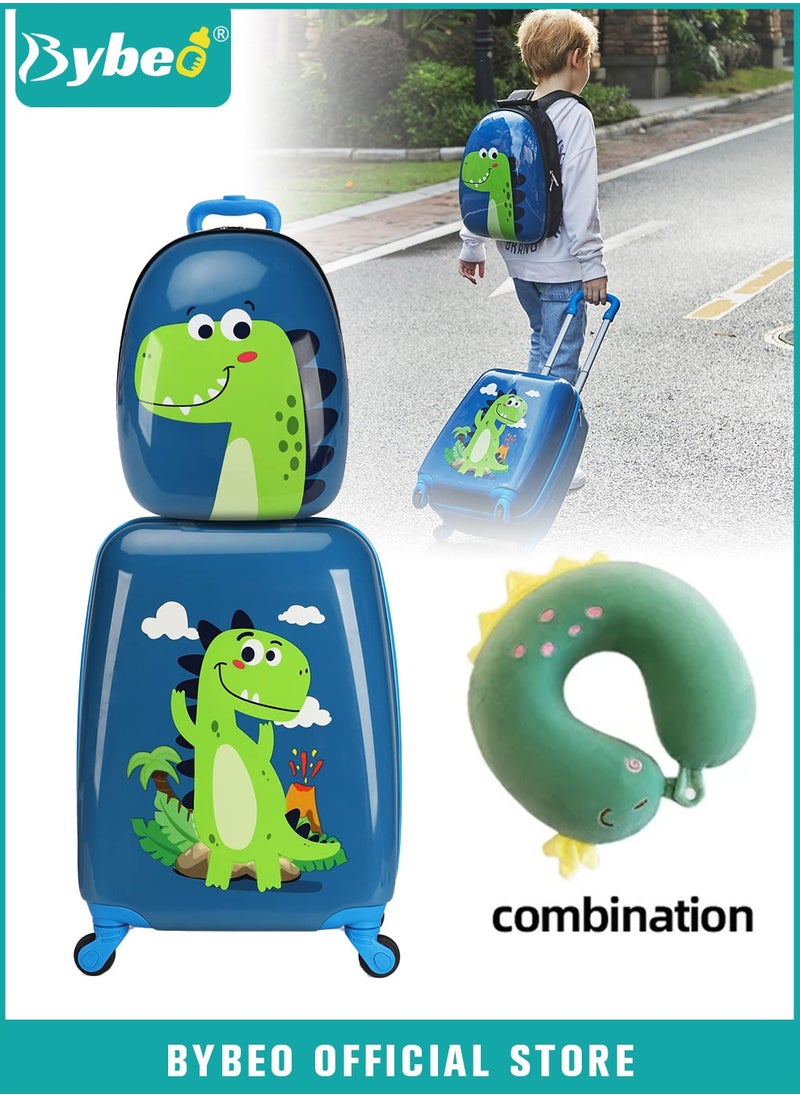 3Pcs Kids Luggage Set, 18 Inch Children Travel Suitcase, Cartoon Rolling Luggages, Child Trolley Bag with 14-Inch Backpack, U-Shaped Pillow, Wheels and Telescopic Handle for Kid Toddlers Boys and Girl