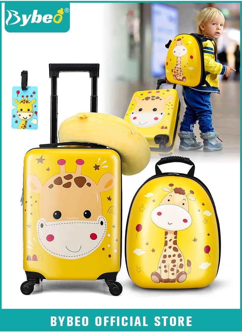 3Pcs Kids Luggage Set, 18 Inch Children Travel Suitcase, Cartoon Rolling Luggages, Child Trolley Bag with 14-Inch Backpack, U-Shaped Pillow, Wheels and Telescopic Handle for Kid Toddlers Boys Girls