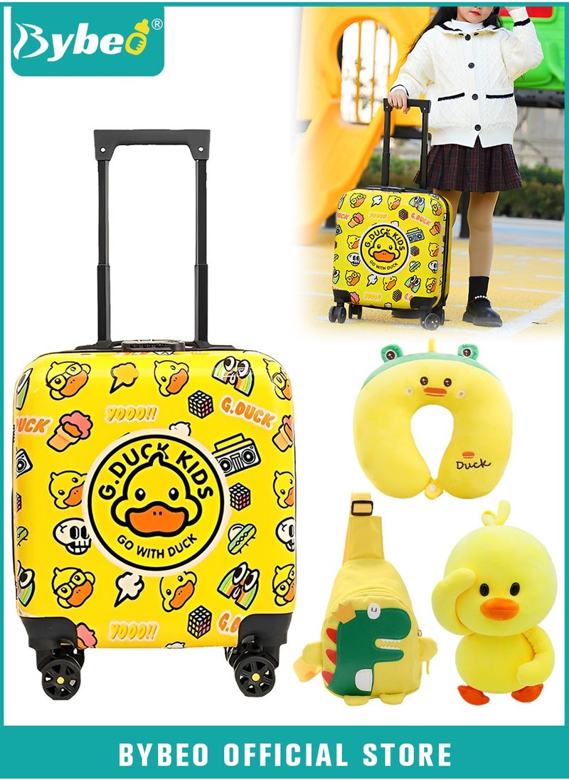 ﻿4Pcs Cartoon Children's Luggage Set, Kids Travel Suitcase with Universal Wheels for Boys and Girls, Toddler Rolling Suitcase with Telescopic Handle, with Trolley Bag, U-shaped pillow, and duck doll