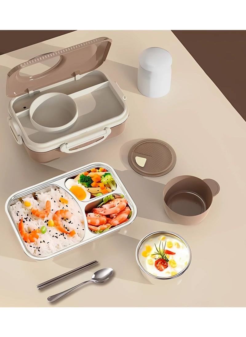 Twisoo Stainless Steel Lunch Box for Kid School, Insulated Bento Lunch Box with Tableware, 3 Compartment Divided Lunch Containers with Lids, Leakproof | BFA Free | Dishwasher Safe 1300ml (Cream)