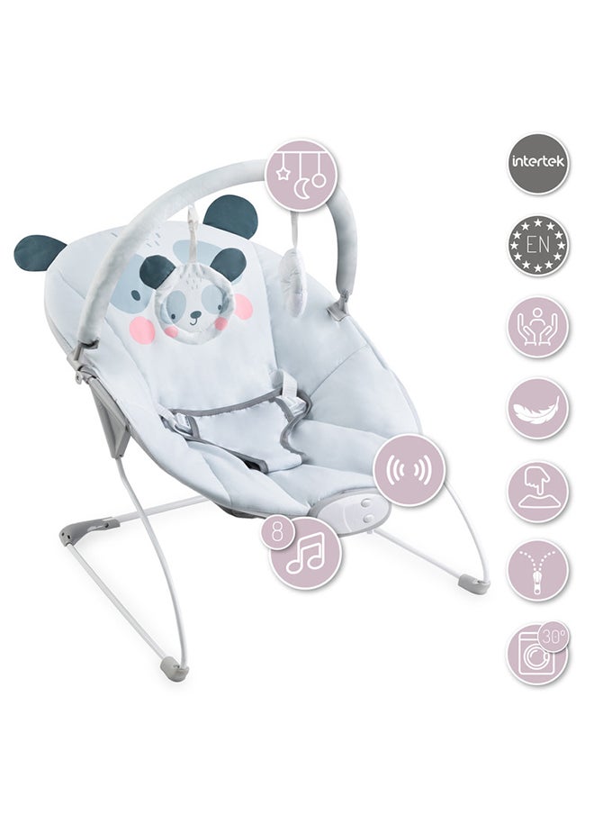 Glossy Lightweight Baby Recliner Bouncer, A Cute Panda Smiles, Sensory Unit With 8 Melodies Vibrations, 3Point Safety Belt, Anti-Slip Pad For 0+ Months, Grey