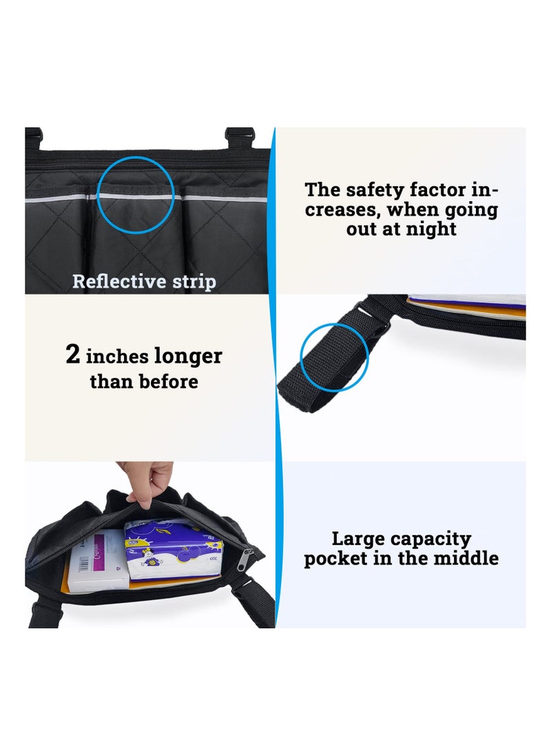 Wheelchair Bag with Pockets, Universal Waterproof Armrest Side Bag for Home, Outdoor, Baby Cart, Black