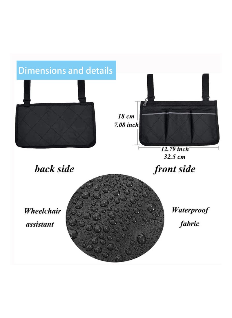 Wheelchair Bag with Pockets, Universal Waterproof Armrest Side Bag for Home, Outdoor, Baby Cart, Black