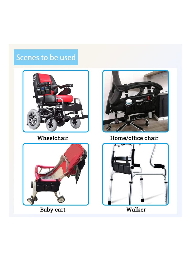 Wheelchair Bag with Pockets, Universal Waterproof Armrest Side Bag for Home, Outdoor, Baby Cart, Black