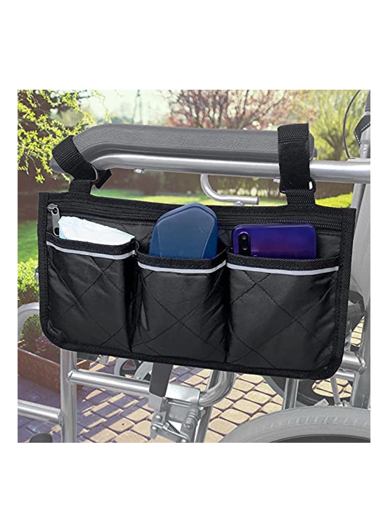Wheelchair Bag with Pockets, Universal Waterproof Armrest Side Bag for Home, Outdoor, Baby Cart, Black