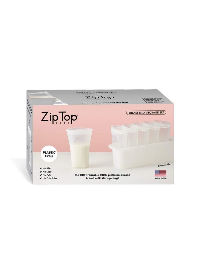 Zip Top Reusable 100% Platinum Silicone Breast Milk Storage, Made in The USA - Bag Set of 6 + Freezer Tray