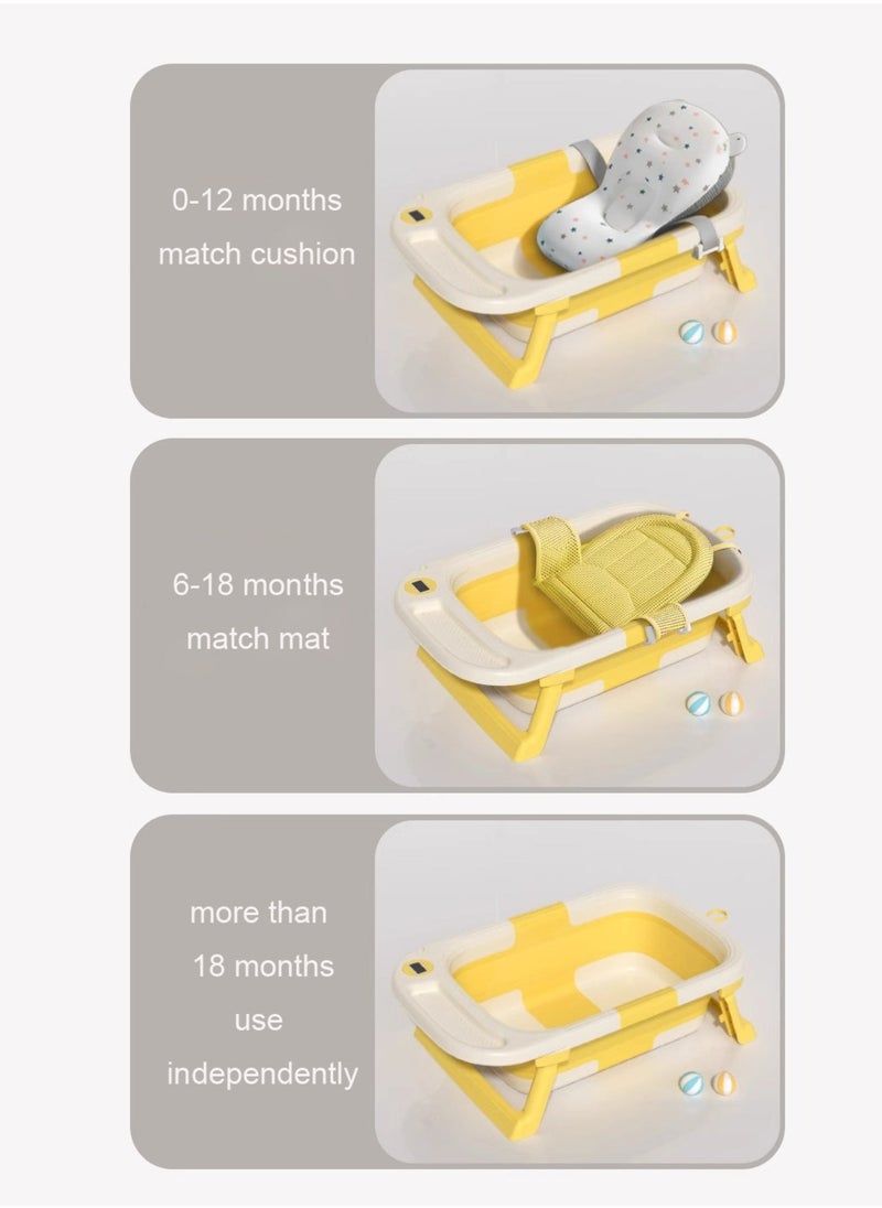 Portable Folding Bathtub with Color-Changing Thermometer – Double Folding Design – Soft TPE Hook & Storage – Yellow – Ideal for Small Spaces