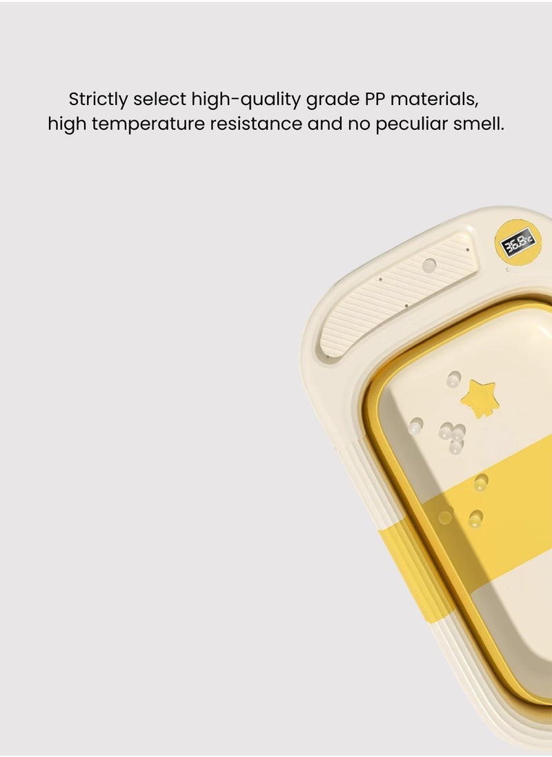 Portable Folding Bathtub with Color-Changing Thermometer – Double Folding Design – Soft TPE Hook & Storage – Yellow – Ideal for Small Spaces